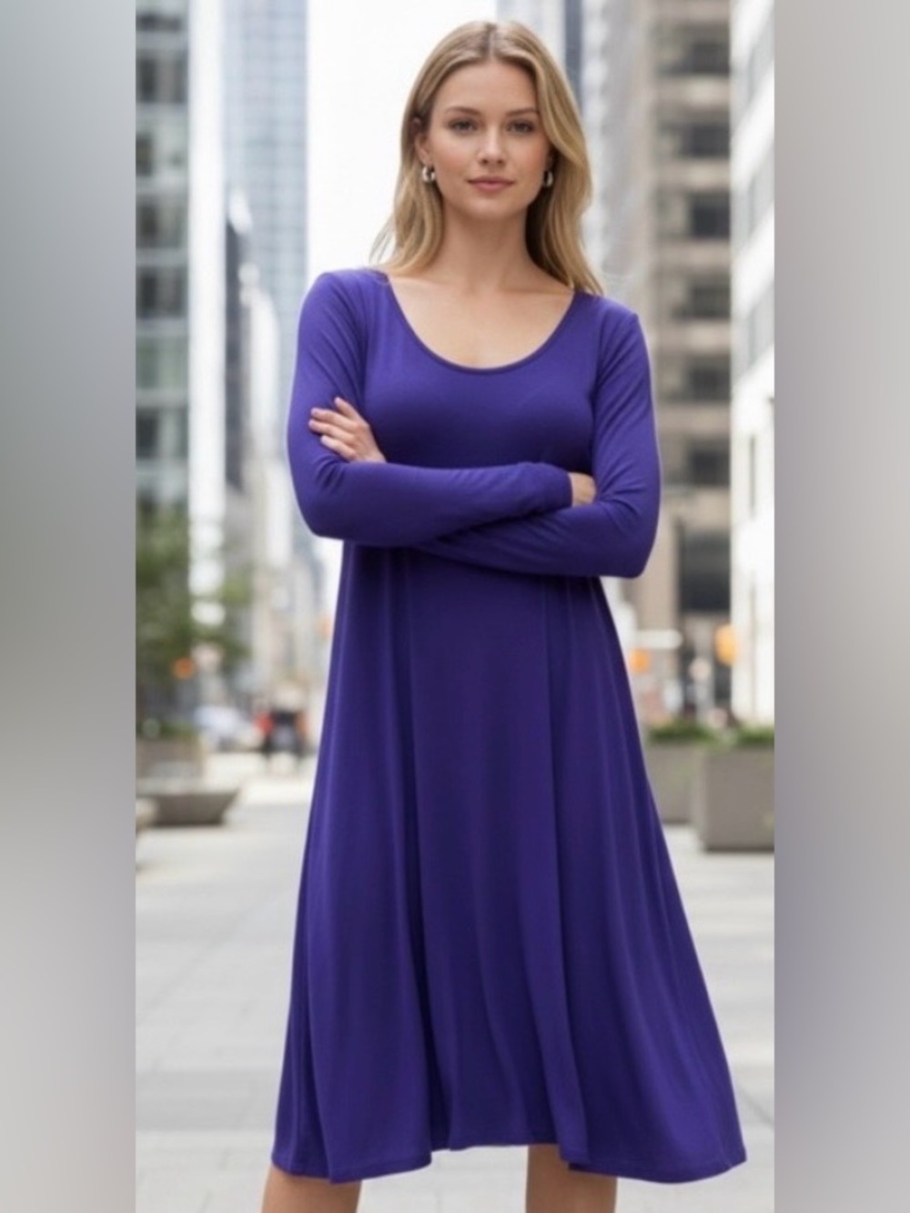 EILEEN FISHER Dress Purple Jersey Knit Tee Long Sleeves Midi Scoop
